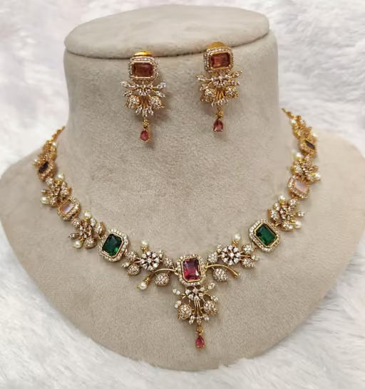 Matte Finish AD Stone Necklace & Earring Set