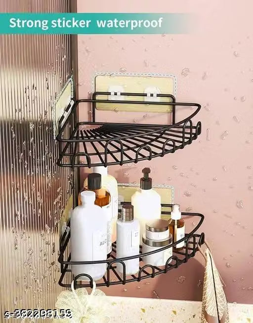 Pack of 2 Self-Adhesive Stainless Steel Corner Wall Shelf Black