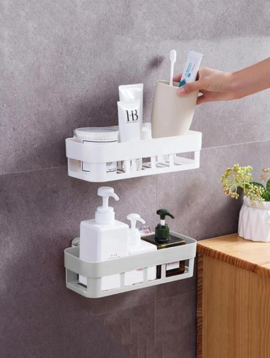 Bathroom & Kitchen Wall Shelf with 6 Self-Adhesive Hooks – Waterproof Storage Organizer Combo