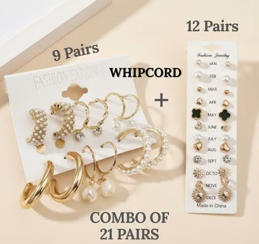 21 Pairs Gold & Pearl Earrings Combo Set for Women & Girls