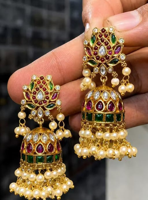 CZ Matte Finish Kemp Stone Pearl Jhumka Earrings