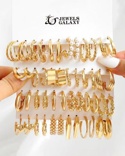 Gold Plated Hoop & Pearl Earrings Set – 24 Pairs