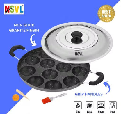 Non-Stick 12 Cavity Appam Pan with Lid & Silicon Brush