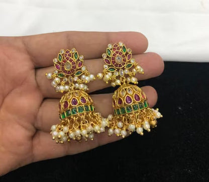 CZ Matte Finish Kemp Stone Pearl Jhumka Earrings
