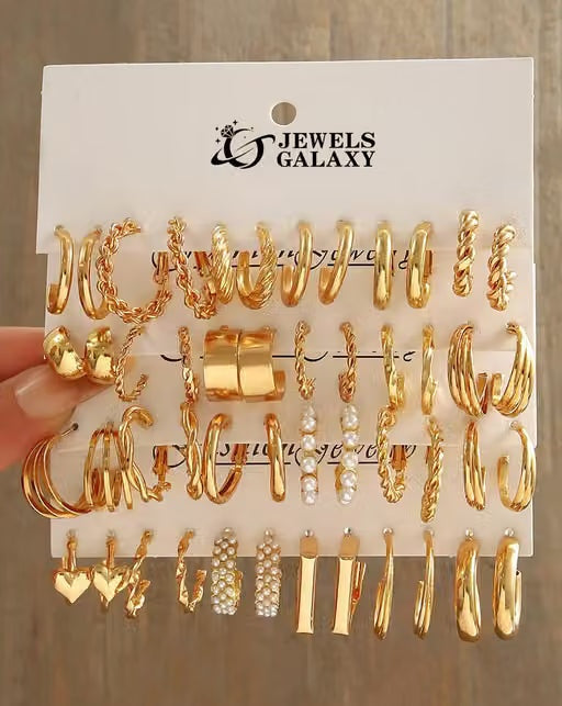 Gold Plated Hoop & Pearl Earrings Set – 24 Pairs