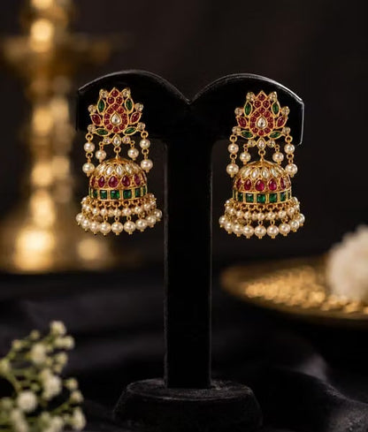 CZ Matte Finish Kemp Stone Pearl Jhumka Earrings