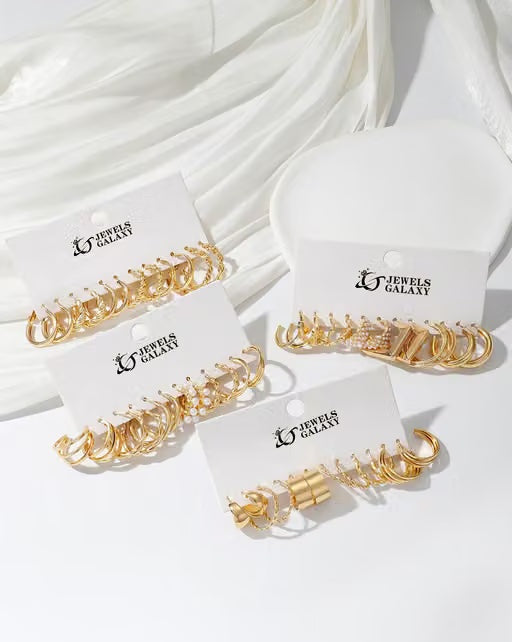 Gold Plated Hoop & Pearl Earrings Set – 24 Pairs
