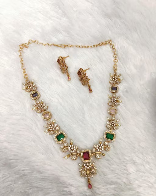 Matte Finish AD Stone Necklace & Earring Set