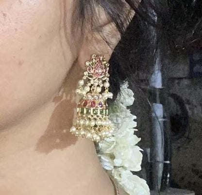 CZ Matte Finish Kemp Stone Pearl Jhumka Earrings