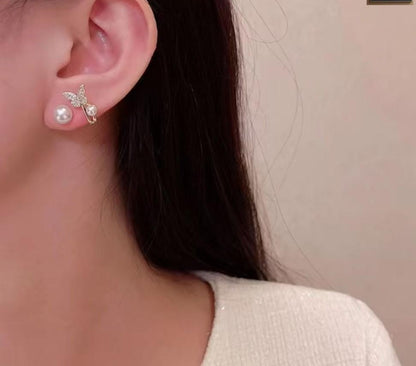 Korean Butterfly Pearl Cuff Earrings worn