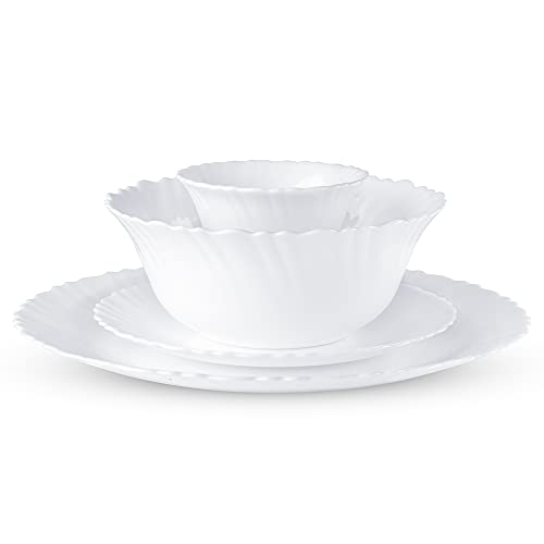 Larah by Borosil 47 Pc White Opalware Dinner Set for Family of 8, Microwave & Dishwasher Safe Silk Series Crockery for Dining & Gifting, Bone Ash Free Plates & Bowls