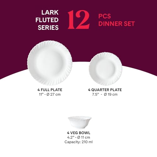 Larah by Borosil Lark Fluted Series Opalware Dinner Set | 12 Pieces for Family of 4 | Microwave & Dishwasher Safe | Bone-Ash Free | Crockery Set for Dining & Gifting | Plates & Bowls | White
