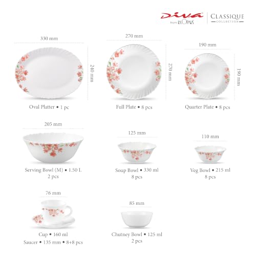 La Opala Classique Opalware Dinner Set, 53 Pcs, for Family of 8, Aster Pink