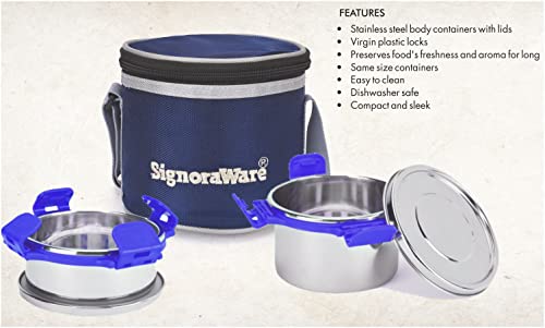 SignoraWare 500ml+350ml All Steel Executive Small Lunch Box with Bag, Food Grade BPA Free, Leak Proof and Air Tight Stainless Steel Containers, Compact and Sleek Tiffin Box (Set of 2 Violet)