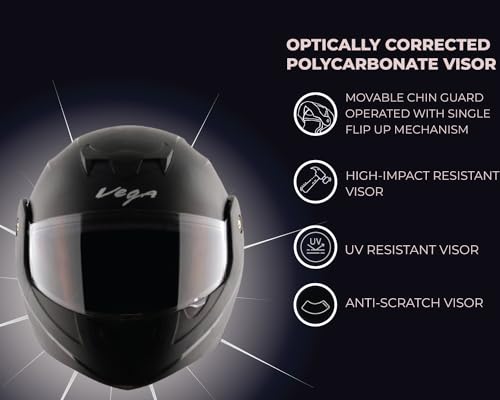 Vega Crux ISI Certified Flip-Up Helmet for Men and Women with Clear Visor(Black, Size:L)