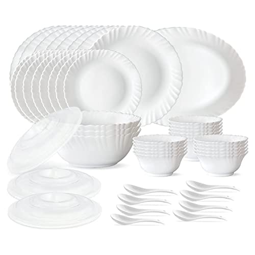 Larah by Borosil 47 Pc White Opalware Dinner Set for Family of 8, Microwave & Dishwasher Safe Silk Series Crockery for Dining & Gifting, Bone Ash Free Plates & Bowls