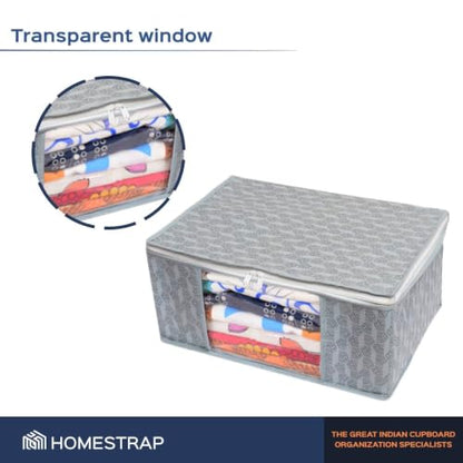 Homestrap Set of 6 Non-Woven Printed Saree Cover/Cloth Storage/Wardrobe Organizer For Clothes with Transparent Window (Grey)(Shark Tank Featured) 45cmx33cmx22cm