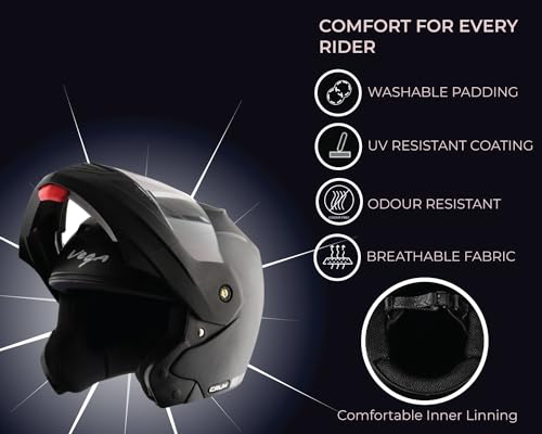 Vega Crux ISI Certified Flip-Up Helmet for Men and Women with Clear Visor(Black, Size:L)