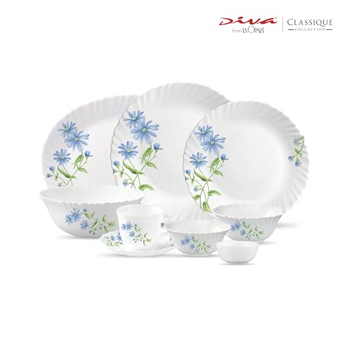 La Opala Classique Opalware Dinner Set, 53 Pcs for Family of 8, Blue Daisy