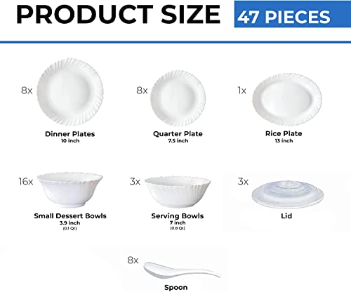 Larah by Borosil 47 Pc White Opalware Dinner Set for Family of 8, Microwave & Dishwasher Safe Silk Series Crockery for Dining & Gifting, Bone Ash Free Plates & Bowls