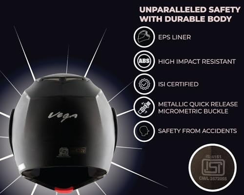 Vega Crux ISI Certified Flip-Up Helmet for Men and Women with Clear Visor(Black, Size:L)