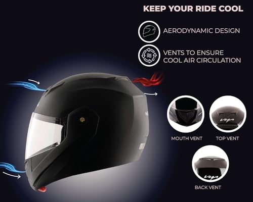 Vega Crux ISI Certified Flip-Up Helmet for Men and Women with Clear Visor(Black, Size:L)