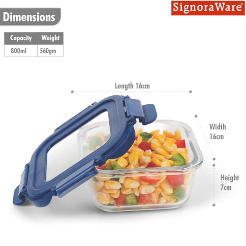 SignoraWare Secure N Store Borosilicate Glass Square Container | Airtight Seal | Microwave Safe | Reheating & Baking | Stylish & Practical | Great for Office, Travel & Outdoors (800ml | Clear)
