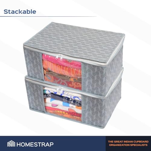 Homestrap Set of 6 Non-Woven Printed Saree Cover/Cloth Storage/Wardrobe Organizer For Clothes with Transparent Window (Grey)(Shark Tank Featured) 45cmx33cmx22cm
