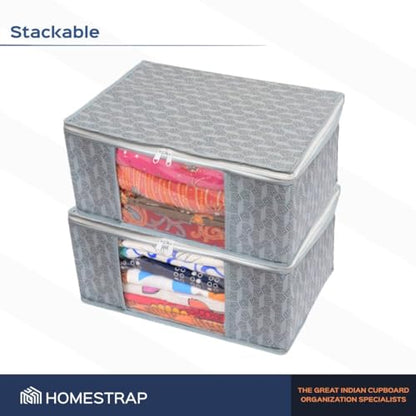 Homestrap Set of 6 Non-Woven Printed Saree Cover/Cloth Storage/Wardrobe Organizer For Clothes with Transparent Window (Grey)(Shark Tank Featured) 45cmx33cmx22cm