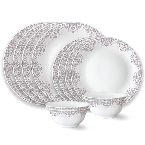 Larah by Borosil Lark Fluted Series Opalware Dinner Set | 12 Pieces for Family of 4 | Microwave & Dishwasher Safe | Bone-Ash Free | Crockery Set for Dining & Gifting | Plates & Bowls | White