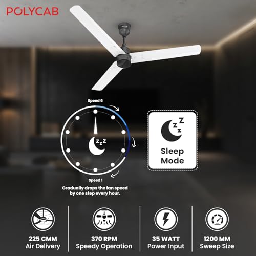 Polycab Wizzy Plus 1200mm 5-Star BLDC, Remote Ceiling fan for Living Room| 55% Energy Saving, 100% Copper, High Air Delivery | 3+1 yr Warranty, Free Installation【Matt White Black】