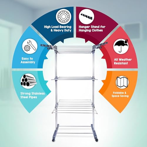 LiMETRO STEEL Foldable Stainless Steel Clothes Drying Stand with Wheels