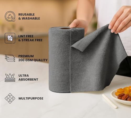 HyperBazaar Microfiber Cleaning Cloth Roll for Kitchen, 20 Pcs Reusable Tearable Roll, 4000 Wash Lint-Free Cloth for Kitchen, Car, Glass & Furniture Cleaning