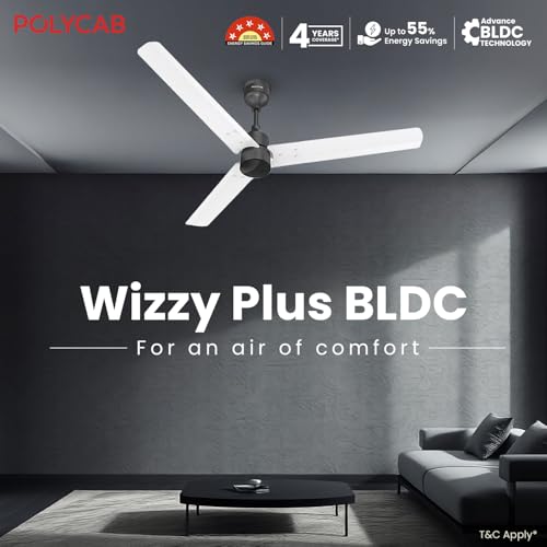 Polycab Wizzy Plus 1200mm 5-Star BLDC, Remote Ceiling fan for Living Room| 55% Energy Saving, 100% Copper, High Air Delivery | 3+1 yr Warranty, Free Installation【Matt White Black】