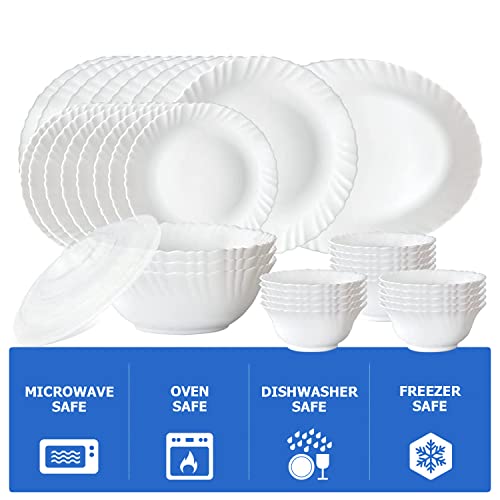 Larah by Borosil 47 Pc White Opalware Dinner Set for Family of 8, Microwave & Dishwasher Safe Silk Series Crockery for Dining & Gifting, Bone Ash Free Plates & Bowls