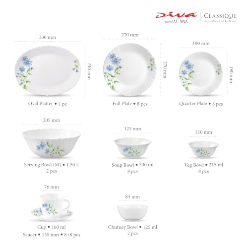 La Opala Classique Opalware Dinner Set, 53 Pcs for Family of 8, Blue Daisy