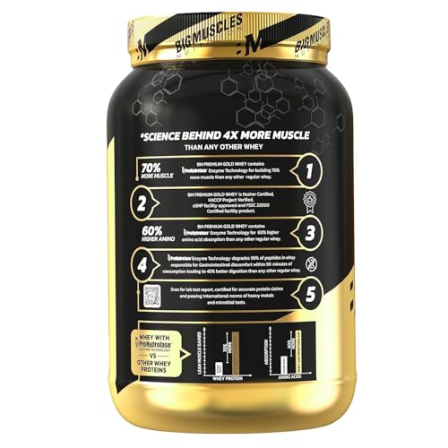Bigmuscles Nutrition Premium Gold Whey [1Kg] | Informed Choice UK Certified | Isolate Whey Protein Blend | 25g Protein | 11g EAA | ProHydrolase Enzyme Technology [Rich Chocolate]