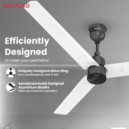 Polycab Wizzy Plus 1200mm 5-Star BLDC, Remote Ceiling fan for Living Room| 55% Energy Saving, 100% Copper, High Air Delivery | 3+1 yr Warranty, Free Installation【Matt White Black】