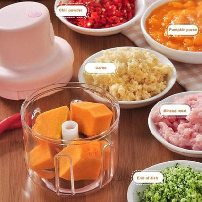 Mini electric garlic chopper chopping vegetables and garlic