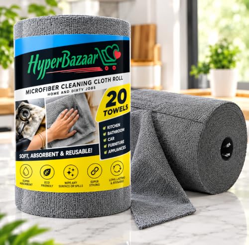 HyperBazaar Microfiber Cleaning Cloth Roll for Kitchen, 20 Pcs Reusable Tearable Roll, 4000 Wash Lint-Free Cloth for Kitchen, Car, Glass & Furniture Cleaning