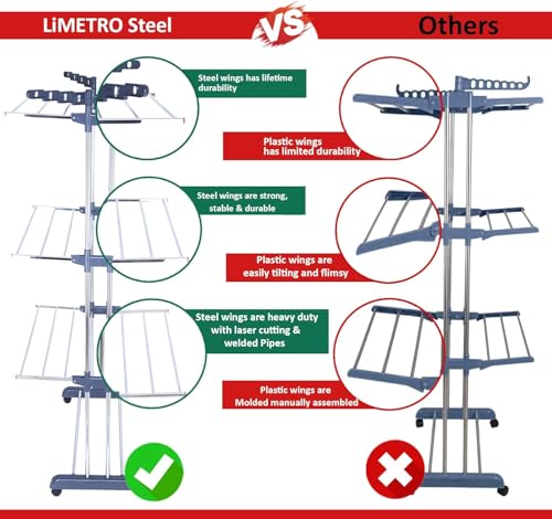 LiMETRO STEEL Foldable Stainless Steel Clothes Drying Stand with Wheels