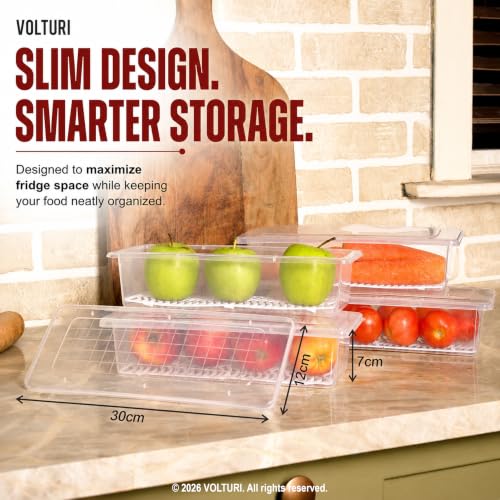 VOLTURI Fridge Storage Containers (Pack of 6), Fridge Organiser Storage Boxes with Removable Drain Plate, Fridge Organizer, Fridge Storage Box Kitchen Containers Keep Fruits Vegetables Fresher 1500 ML