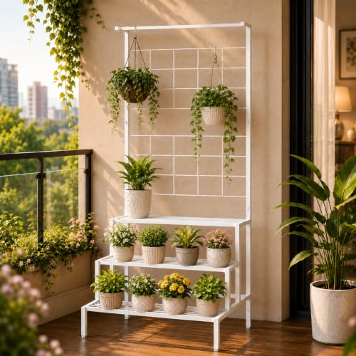 ecofynd Bloom Plant Stands for Outdoor Balcony, Flower Pot Stand for Indoor Plants, Large Metal Planter Stand for Living Room, home decor, Indoor & Outdoor plants, 4 Tier, (White)