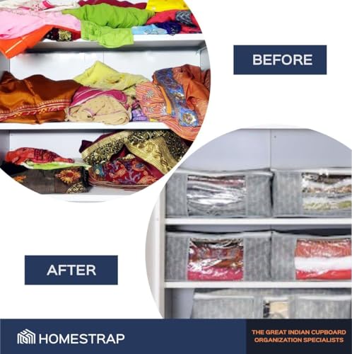 Homestrap Set of 6 Non-Woven Printed Saree Cover/Cloth Storage/Wardrobe Organizer For Clothes with Transparent Window (Grey)(Shark Tank Featured) 45cmx33cmx22cm