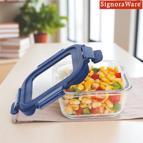 SignoraWare Secure N Store Borosilicate Glass Square Container | Airtight Seal | Microwave Safe | Reheating & Baking | Stylish & Practical | Great for Office, Travel & Outdoors (800ml | Clear)