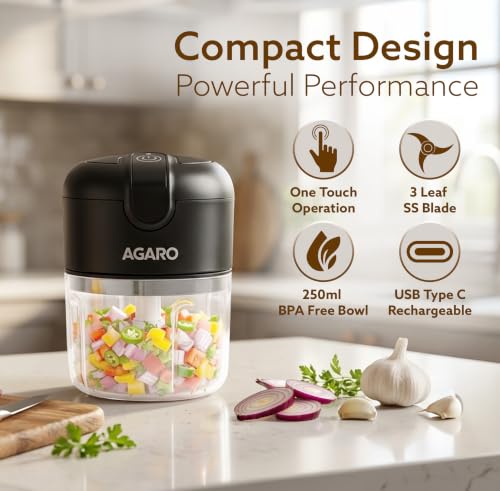 AGARO Elite Rechargeable Mini Electric Chopper 250ml – Black