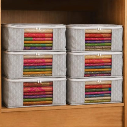 Homestrap Set of 6 Non-Woven Printed Saree Cover/Cloth Storage/Wardrobe Organizer For Clothes with Transparent Window (Grey)(Shark Tank Featured) 45cmx33cmx22cm