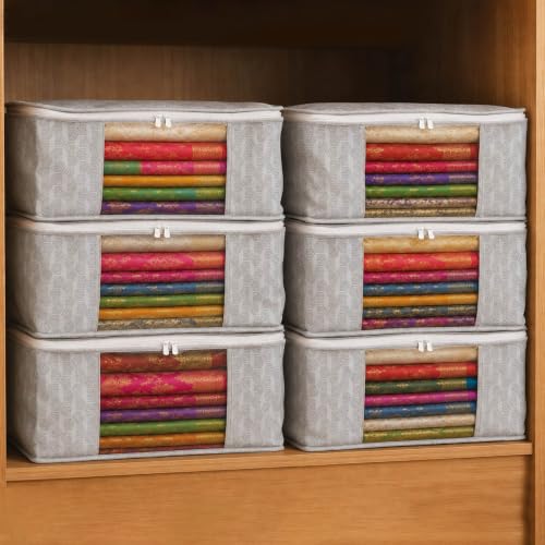 Saree Cover Set of 6 – Non-Woven Wardrobe Organizer with Transparent Window (Grey)
