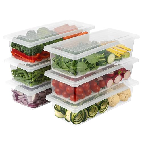 VOLTURI Fridge Storage Containers (Pack of 6), Fridge Organiser Storage Boxes with Removable Drain Plate, Fridge Organizer, Fridge Storage Box Kitchen Containers Keep Fruits Vegetables Fresher 1500 ML