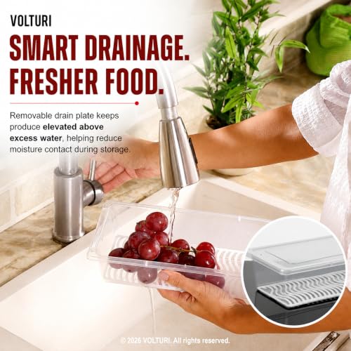 VOLTURI Fridge Storage Containers (Pack of 6), Fridge Organiser Storage Boxes with Removable Drain Plate, Fridge Organizer, Fridge Storage Box Kitchen Containers Keep Fruits Vegetables Fresher 1500 ML